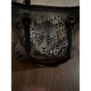 Anna Hand Painted Leather Leopard Tote Bag Gray Blue Eyes Shoulder Bag Artisan
